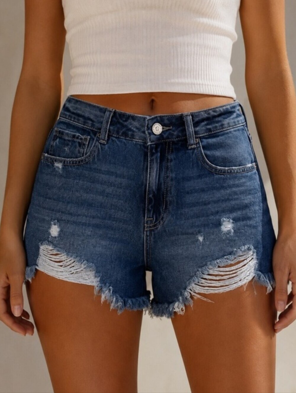 Sincerly Jules Distressed Dark Blue High-Rise Jean Shorts 11/30